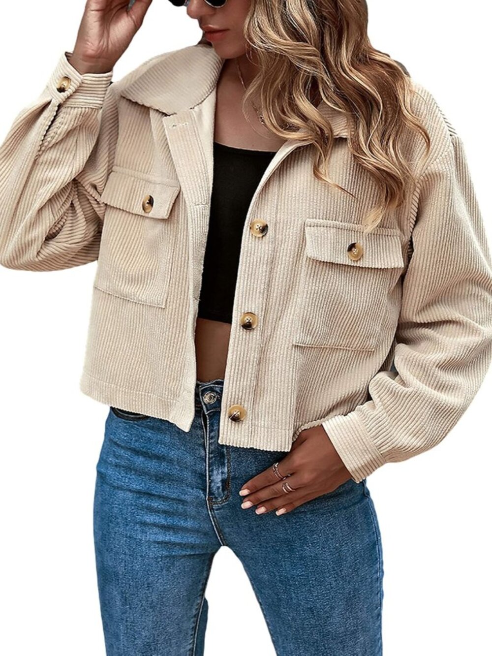 Women's Fashion Cropped Shacket Button Down Corduroy Crop Jacket